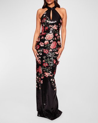 Floral Applique Sequin Halter Gown