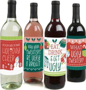 Big Dot Of Happiness Colorful Christmas Sweaters - Wine Bottle Label Stickers - Set of 4