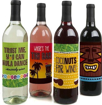 Big Dot Of Happiness Tiki Luau - Tropical Summer Party Decor - Wine Bottle Label Stickers - 4 Ct