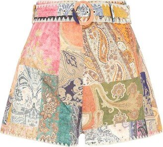 High Waist Belted Paisley Shorts