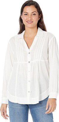 Oversized Pin Tuck Button-Down Shirt (White) Women's Clothing