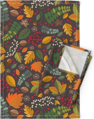 Fall Season Tea Towels | Set Of 2 - Autumn By Phanya Style Botanical Earth Tone Warm Colors Linen Cotton Spoonflower