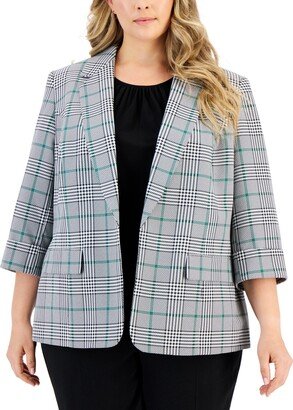 Plus Size Plaid-Print Open-Front Cuff-Sleeve Blazer