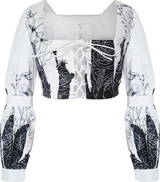 Kathy C Vang Genevieve Denim Crop Top - Black And White City Print