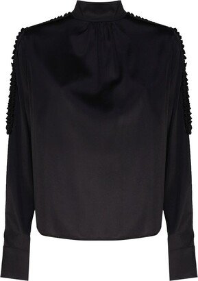 Ruffled-Trim Mock Neck Satin Blouse