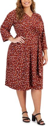 Plus Size Side-Ring 3/4-Sleeve A-line Dress - Rust/Black