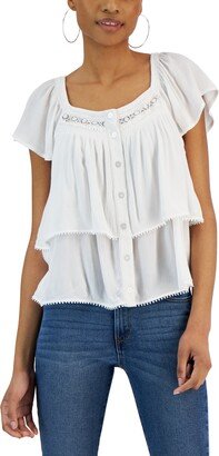 Juniors' Ruffled Flutter-Sleeve Peasant Top