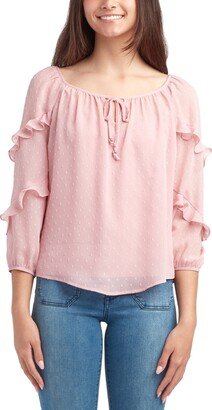 Juniors' Clip-Dot Ruffle-Sleeve Peasant Top