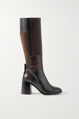 Irine Patchwork Leather And Suede Knee Boots - Black