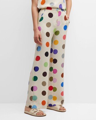 Spots-Print Wide-Leg Silk Pants