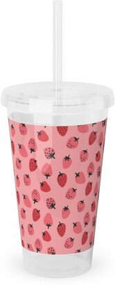 Travel Mugs: Red Strawberries - Pink Acrylic Tumbler With Straw, 16Oz, Pink