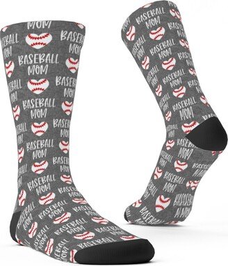 Socks: Baseball Mom - Baseball Heart - White On Grey Custom Socks, Gray