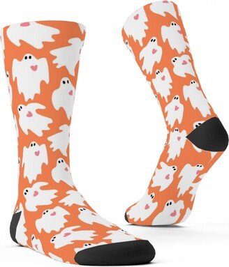 Socks: Halloween Ghosts With Hearts - Orange Custom Socks, Orange