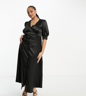 Urban Threads Curve satin button down midi dress in black