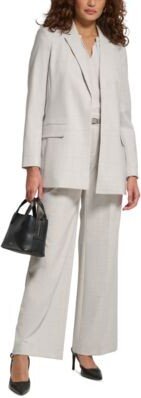 Petite Windowpane Open Front Jacket Wide Leg Pants