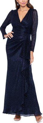 Petite Metallic-Knit Long-Sleeve Gown - Black/Royal/Silver