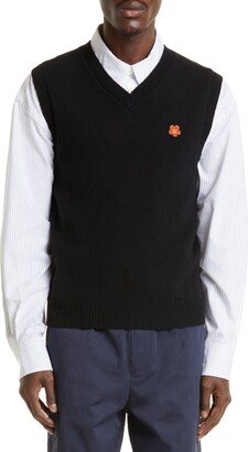 Embroidered Boke Flower Crest V-Neck Wool Sweater Vest