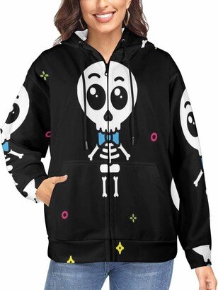 LOSARON Cute Skeleton Women's Full-Zip Hooded Sweatshirt Zipper Drawstring Hooded Jackets Oversized Sweaters L