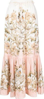 Chintz floral-print linen midi skirt