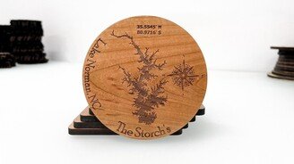 Custom Lake Map Wood Circle Coasters - Any Lake Sets Of 4, 6, 8, 12 Lake House Décor Laser Engraved