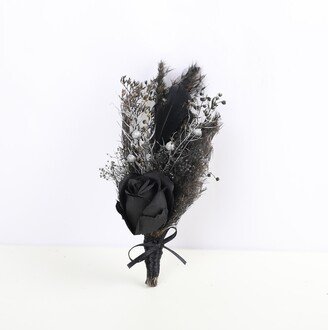 Black Silver Boutonniere, Gothic Wedding Black Flower Boutonniere