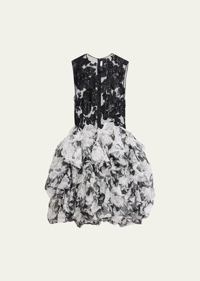 Black And White Floral Cocktail Dress with Mesh Bodice