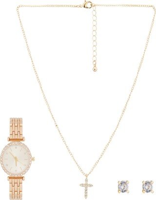 Women's Analog Shiny Gold-Tone Metal Bracelet Watch 34mm with Necklace Earring Set - Champagne, Gold