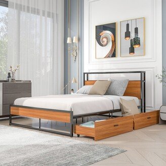 TOSWIN Metal Platform Bed Frame with Wooden Headboard, 2 Storage Drawers, Sockets, and USB Ports