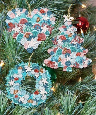 Coastal Christmas Tree Wreath Heart Wooden Ornaments, Set of 3