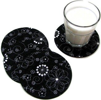 Coasters, 100% Cotton, Protectors, Padded, Mug Mates, Drink Coasters, Quilted, Set Of Four, Black & White