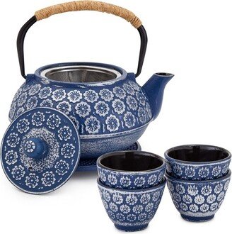 Juvale Set of 6 Blue Cast Iron Floral Teapot Kettle Set, Japanese Tea Pot with Infuser, Trivet & 4 Teacups, 32 oz