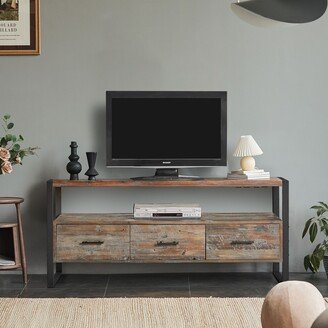 TOSWIN Rustic 60-Inch Reclaimed Wood TV Console Table with 3 Drawers, Open Shelf, Antique Finish