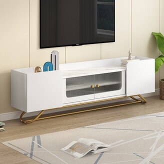 Aoolive Unique Design TV Stand with Fluted Glass Doors, Modern TV Console for TVs Up to 65, Faux Marble Top TV Cabinet Table