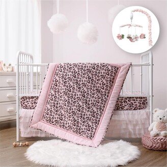 The Leopard Blush 4 Piece Baby Girl Nursery Crib Bedding Set, Quilt, Crib Sheet, Crib Skirt, and Mobile - Pink/black/white/grey