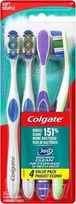 360 Manual Toothbrush with Tongue and Cheek Cleaner - Soft Bristles - 4ct