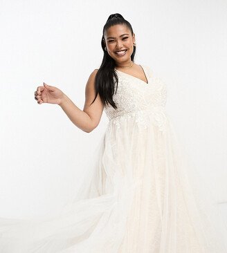 ASOS DESIGN Curve Sienna bead and embroidered plunge bodice wedding dress with lace underlay in ivory