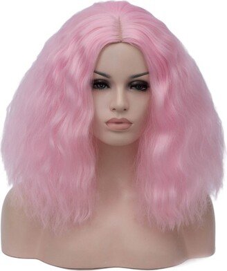 Unique Bargains Curly Wig Wigs for Women 16 Pink with Wig Cap