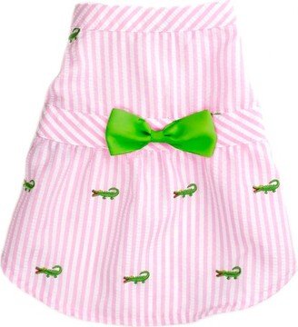 The Worthy Dog Embroidered Alligator Stripe Seersucker Adjustable Pet Dress - Pink/White - XS