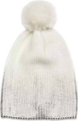 Metallic Pom Pom Knit Hat Beanie In Ivory Silver