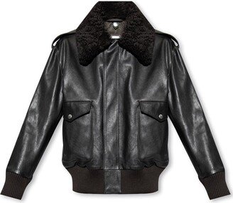 Shearling-Collar Long Sleeved Leather Jacket