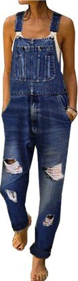 Ladyful Women's Classic Ripped Bib Denim Overalls Pant Jean Jumpsuit Romper Trouser (Dark blue