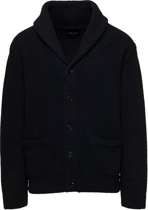 Black Cardigan with Shawl Collar in Ribbed Wool and Cashmere Man