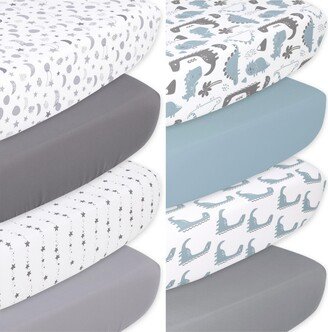 The Celestial Stars and Dinosaur Fitted Crib Sheets, Unisex 8-Pack Set, Grey, Blue, White