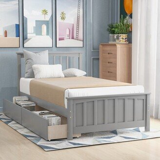 Tiramisubest Wooden Twin Size Platform Bed with 2 Drawers and Slat Headboard