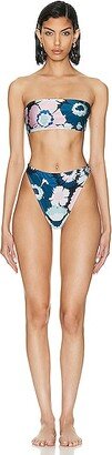 Flower Power High Leg Bandeau Bikini Set in Blue