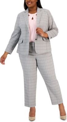 Plus Size Plaid Blazer Twist Neck Top Straight Leg Ankle Pants