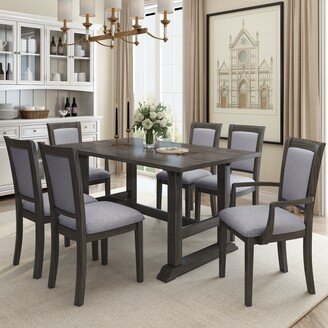 Sunmory 7-Piece Trestle Dining Table Set, Kitchen Table Set with Upholstered Side Chair and Arm Chair, Set of 6, Gre