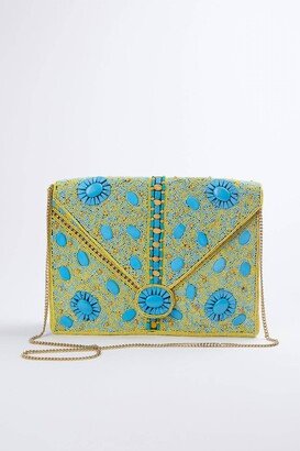ETHNiQUE Vasant Handmade Beaded Shoulder Clutch Bag In Turquoise
