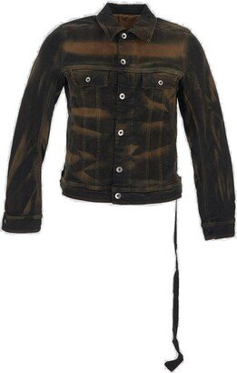 Bleached-Effect Buttoned Denim Jacket-AA