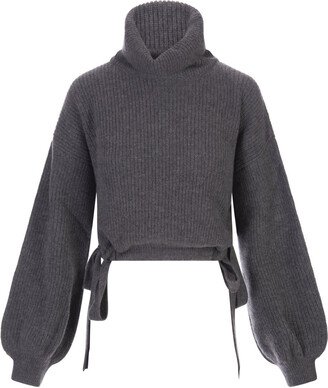 Dark Grey Turtleneck Pullover With Side Ties